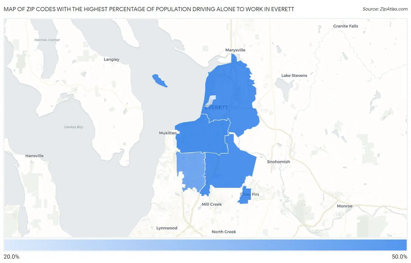 Zip Codes with the Highest Percentage of Population Driving Alone to Work in Everett Map