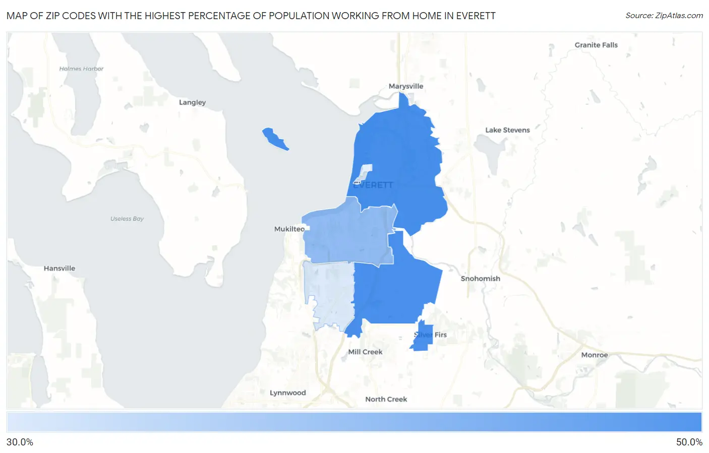 Zip Codes with the Highest Percentage of Population Working from Home in Everett Map