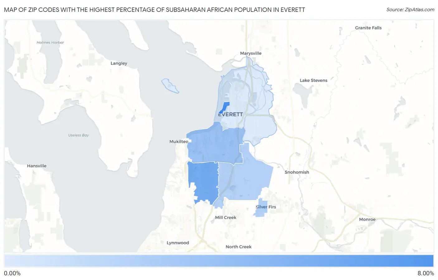 Zip Codes with the Highest Percentage of Subsaharan African Population in Everett Map