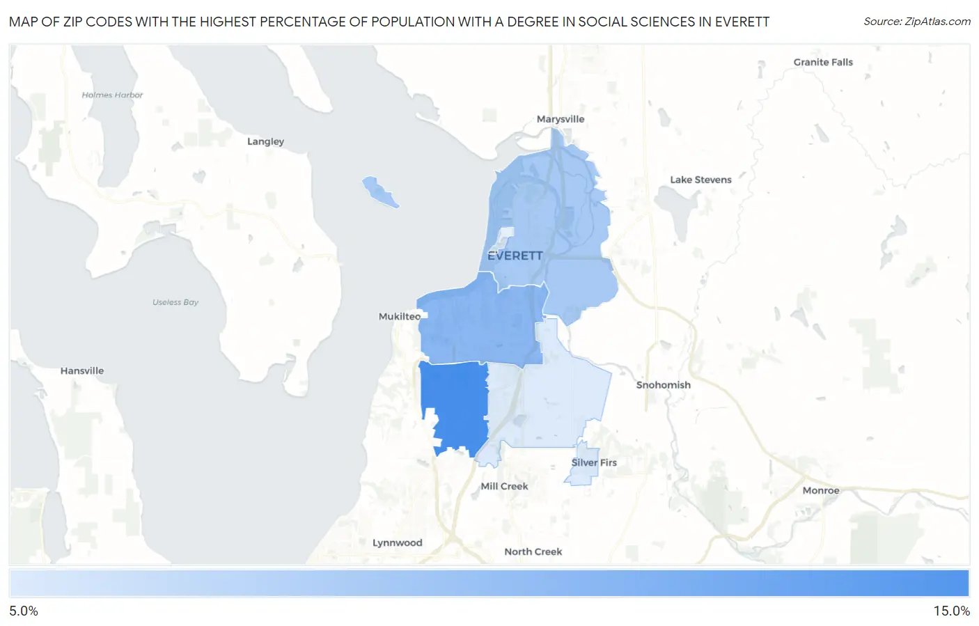 Zip Codes with the Highest Percentage of Population with a Degree in Social Sciences in Everett Map