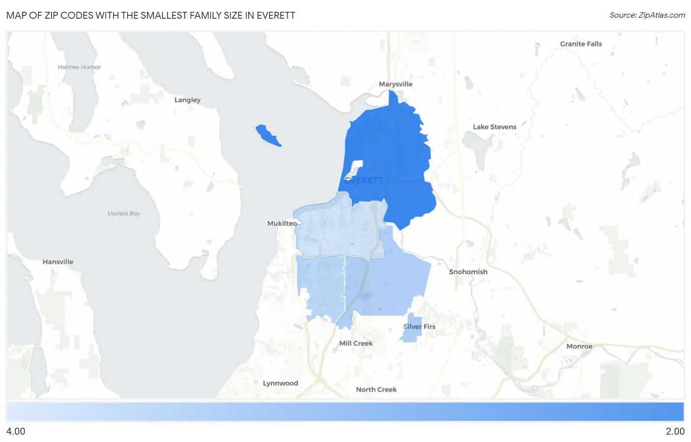 Zip Codes with the Smallest Family Size in Everett Map