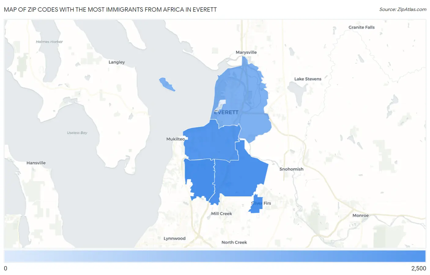 Zip Codes with the Most Immigrants from Africa in Everett Map