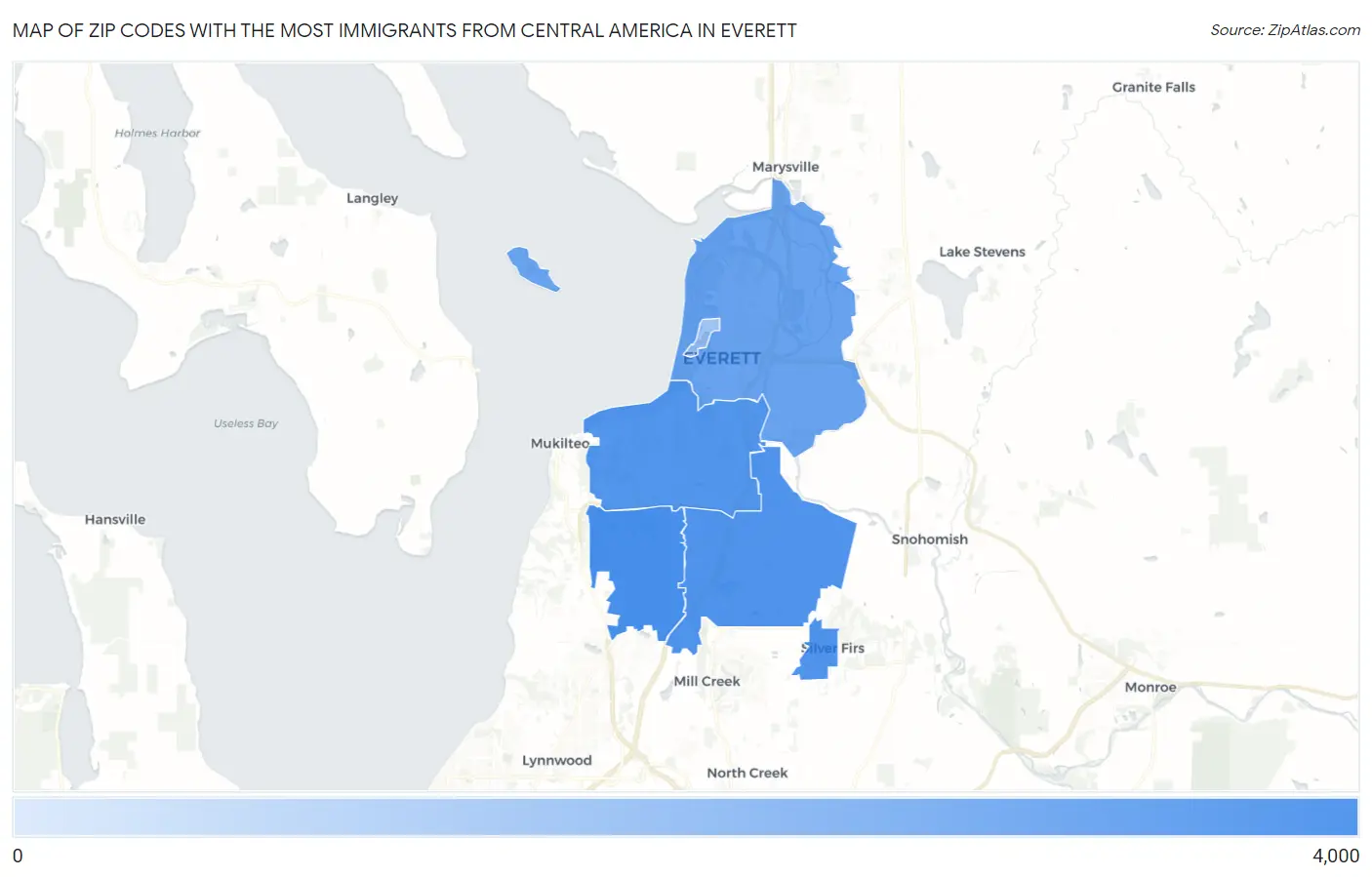 Zip Codes with the Most Immigrants from Central America in Everett Map