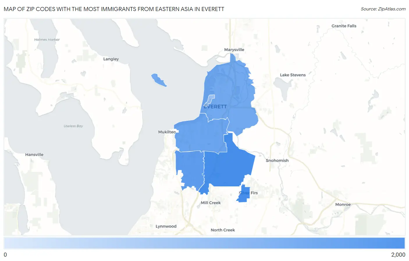 Zip Codes with the Most Immigrants from Eastern Asia in Everett Map