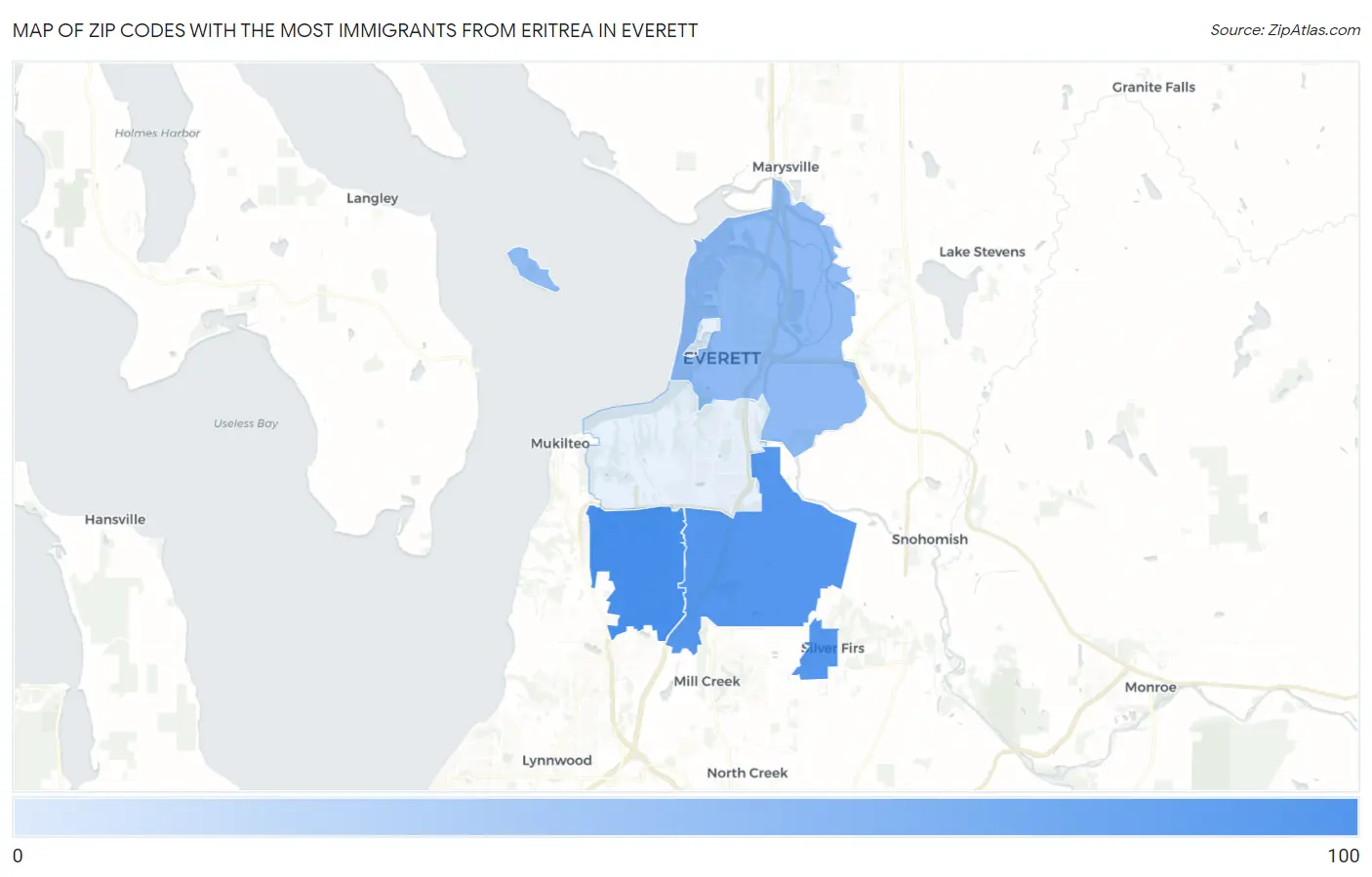 Zip Codes with the Most Immigrants from Eritrea in Everett Map