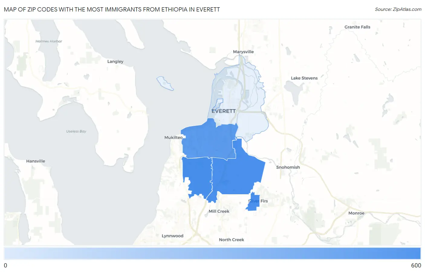 Zip Codes with the Most Immigrants from Ethiopia in Everett Map
