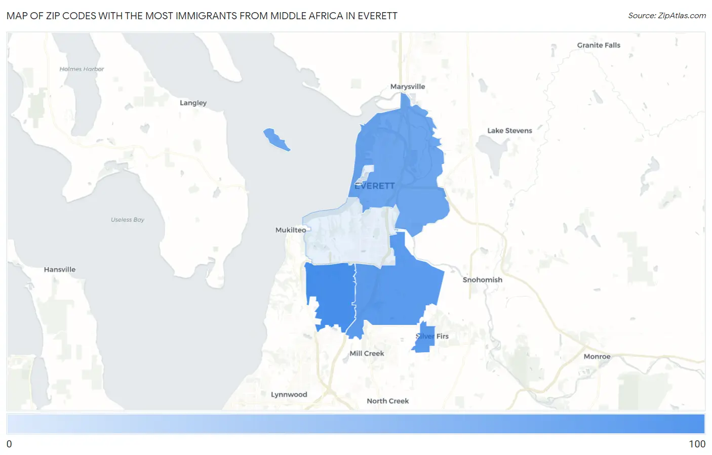 Zip Codes with the Most Immigrants from Middle Africa in Everett Map