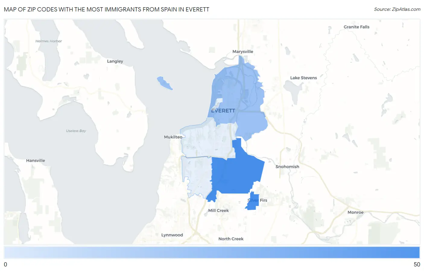 Zip Codes with the Most Immigrants from Spain in Everett Map