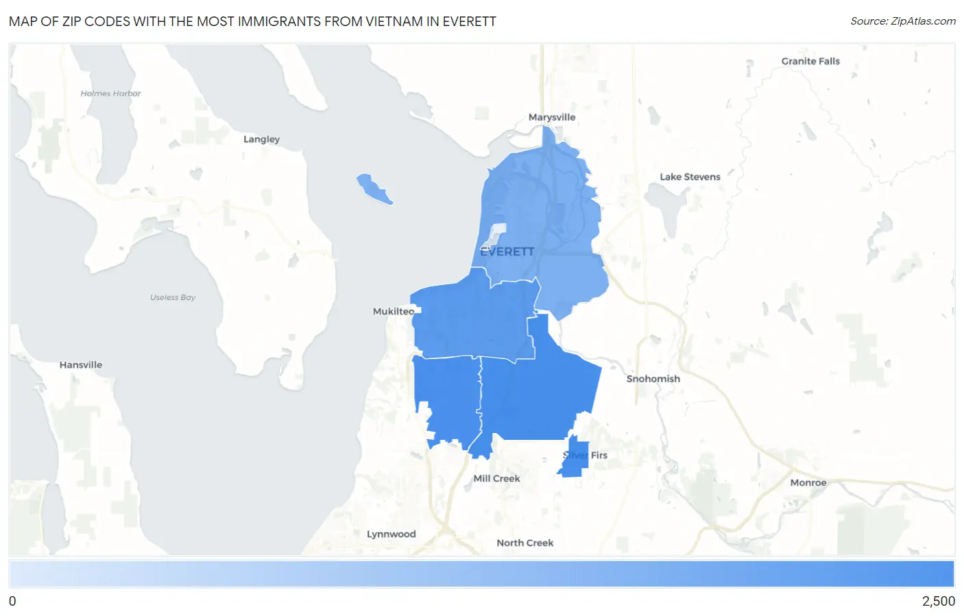 Zip Codes with the Most Immigrants from Vietnam in Everett Map