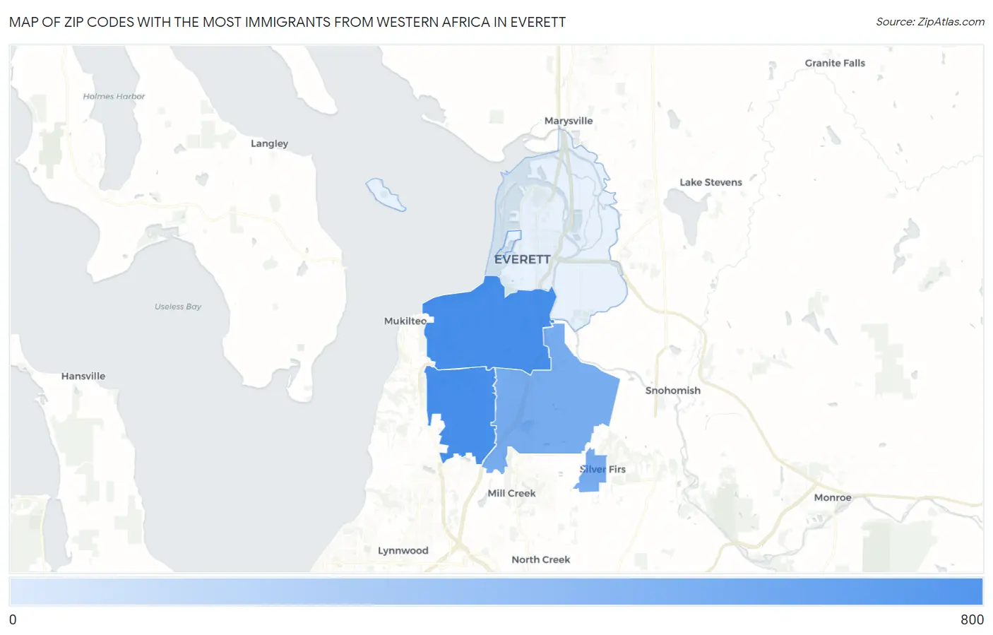 Zip Codes with the Most Immigrants from Western Africa in Everett Map