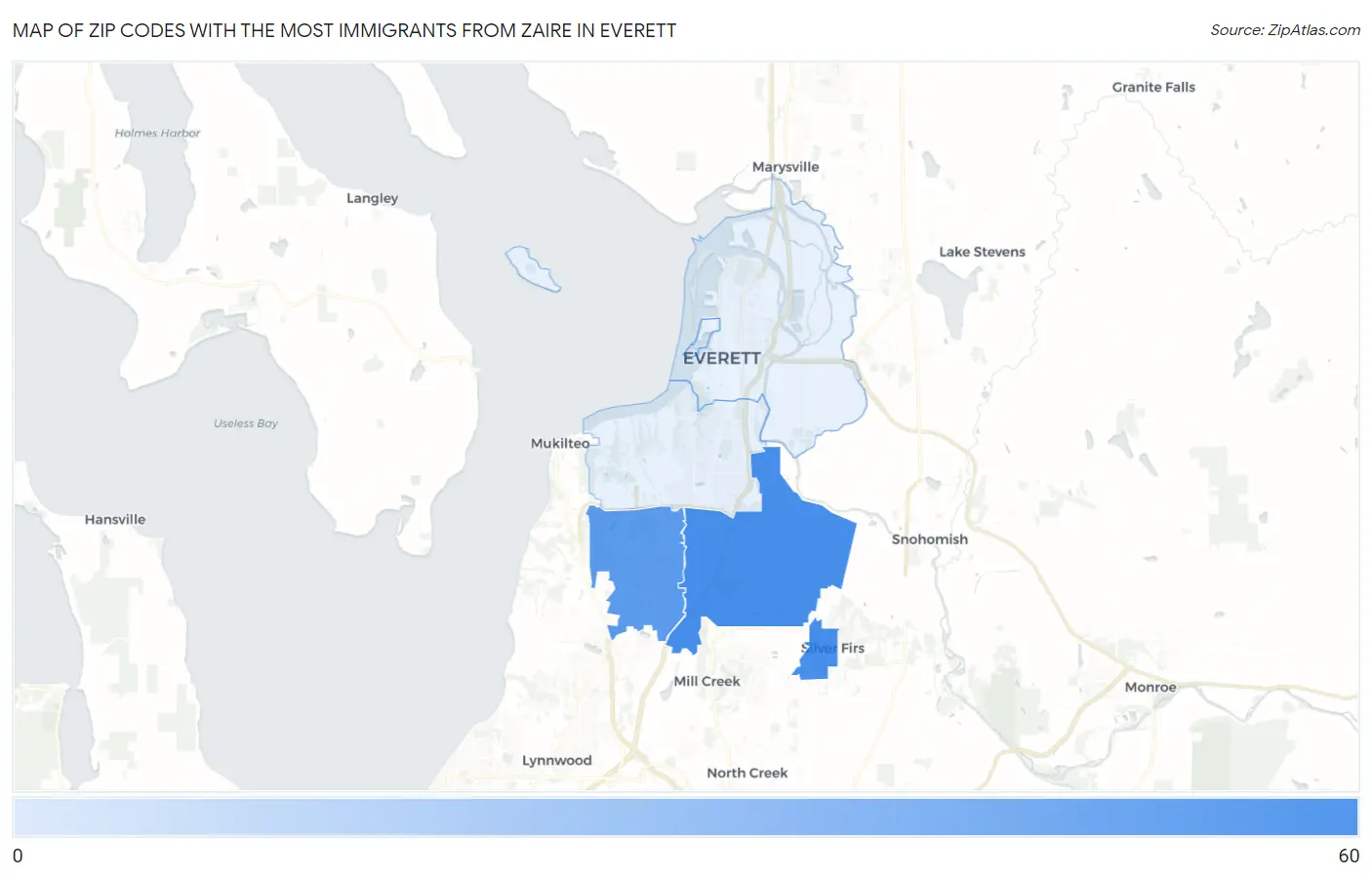 Zip Codes with the Most Immigrants from Zaire in Everett Map
