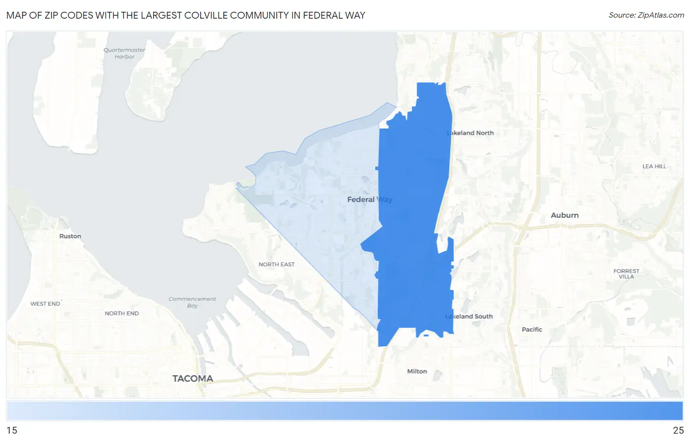 Zip Codes with the Largest Colville Community in Federal Way Map