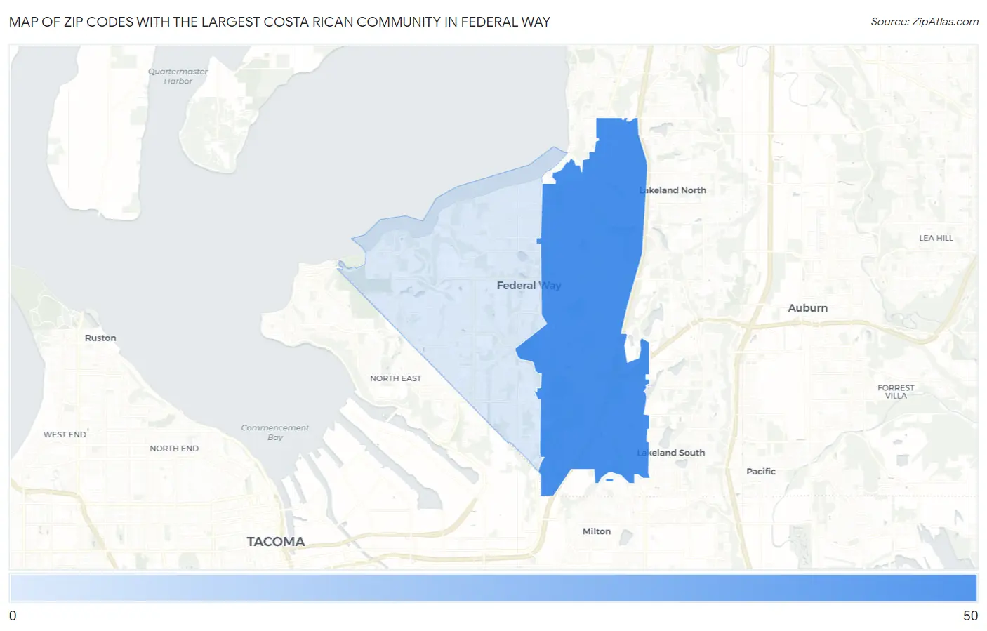 Zip Codes with the Largest Costa Rican Community in Federal Way Map