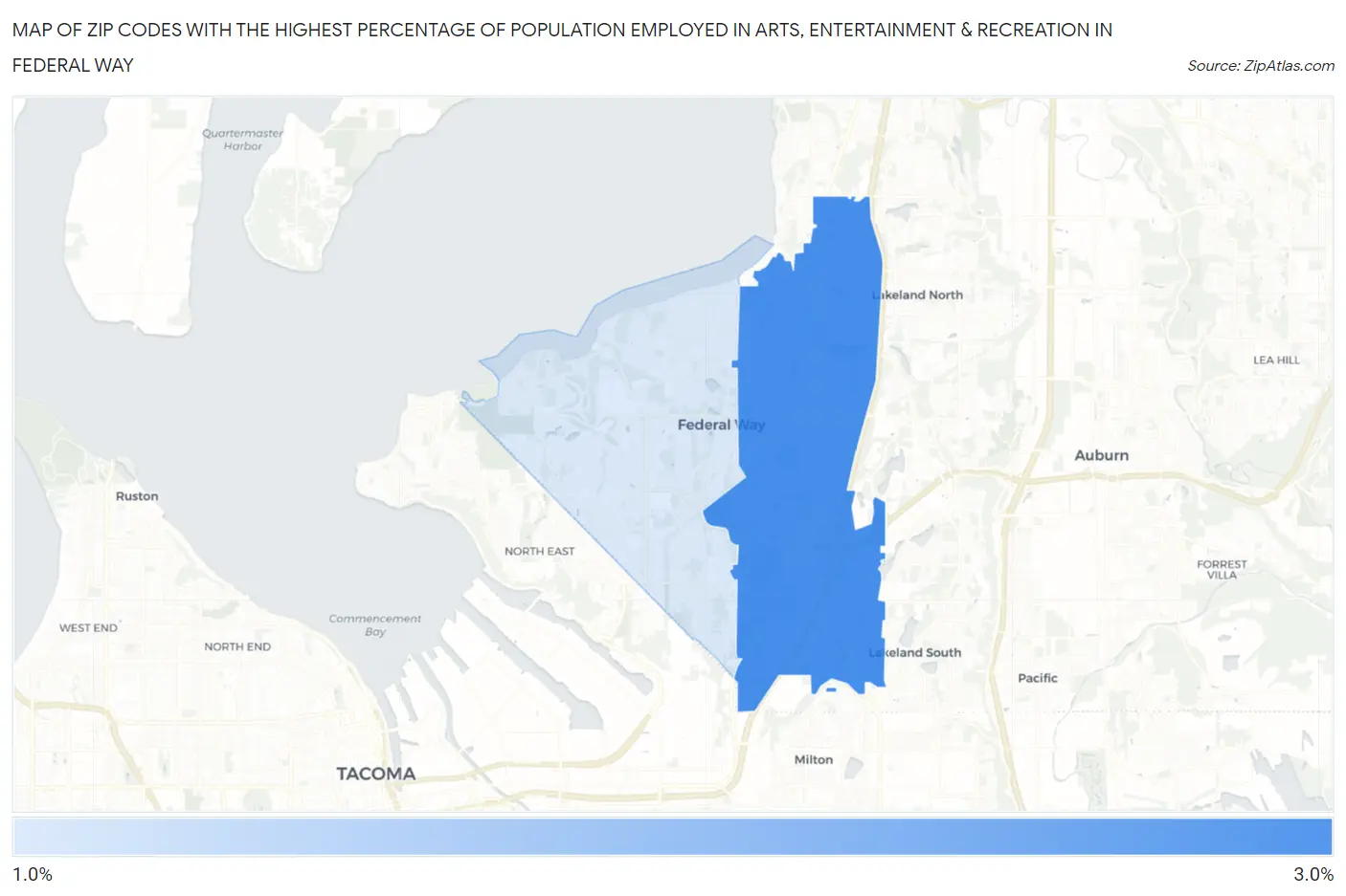 Zip Codes with the Highest Percentage of Population Employed in Arts, Entertainment & Recreation in Federal Way Map
