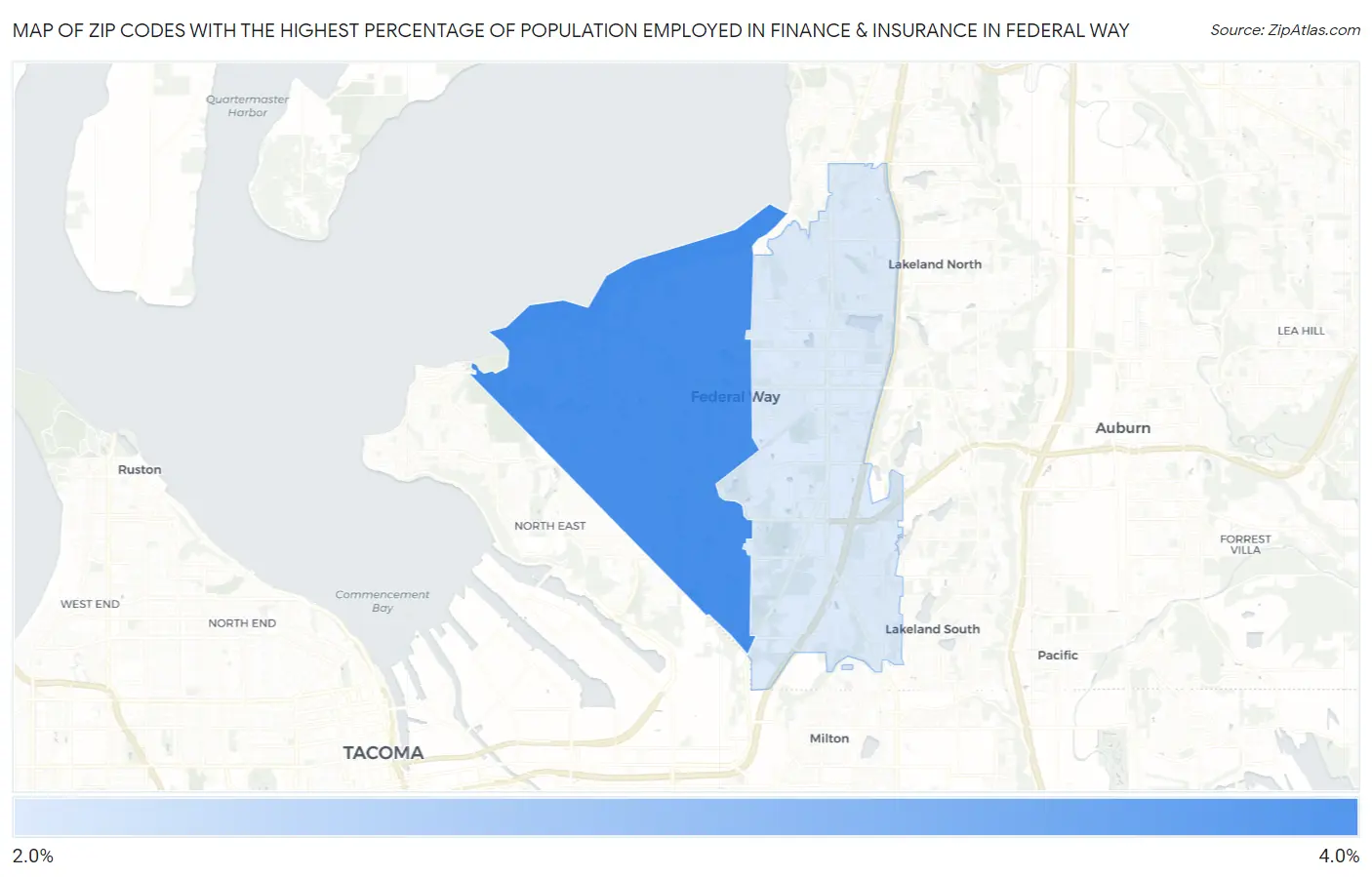 Zip Codes with the Highest Percentage of Population Employed in Finance & Insurance in Federal Way Map