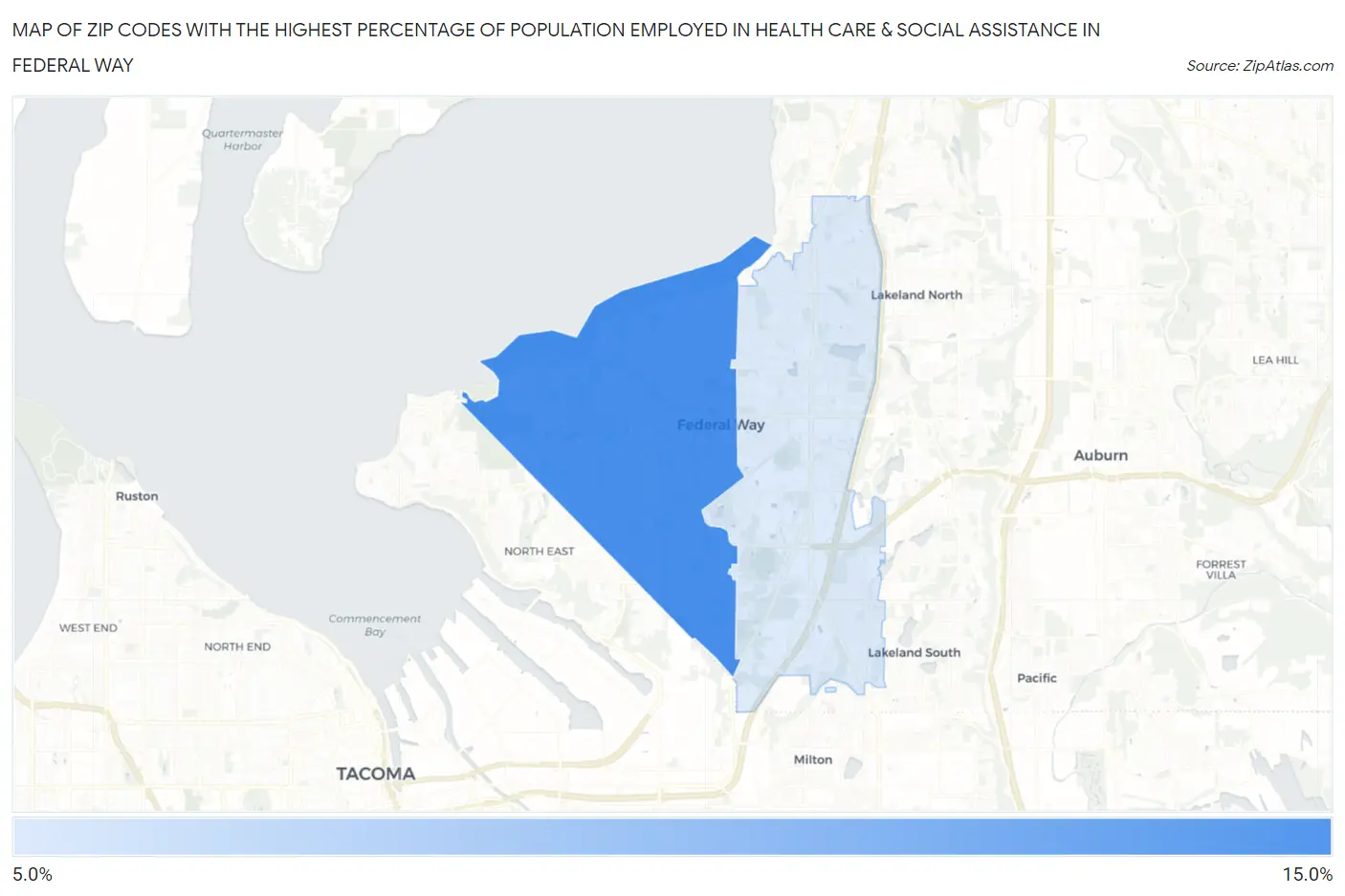 Zip Codes with the Highest Percentage of Population Employed in Health Care & Social Assistance in Federal Way Map