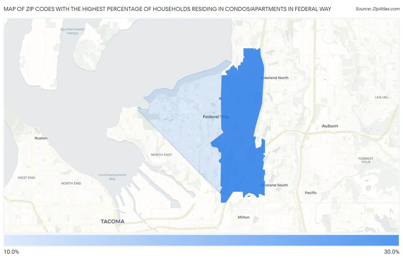 Zip Codes with the Highest Percentage of Households Residing in Condos/Apartments in Federal Way Map