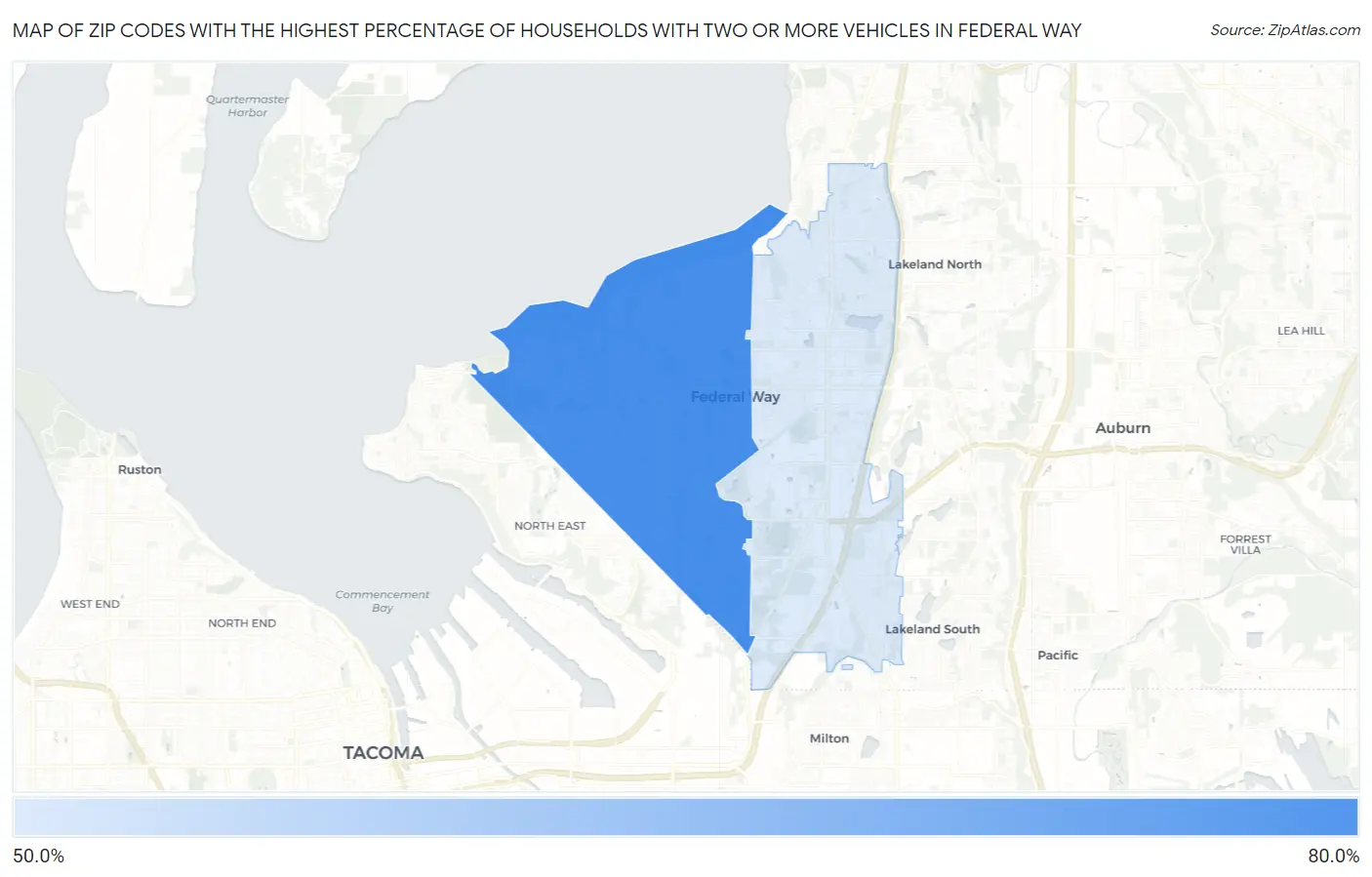 Zip Codes with the Highest Percentage of Households With Two or more Vehicles in Federal Way Map