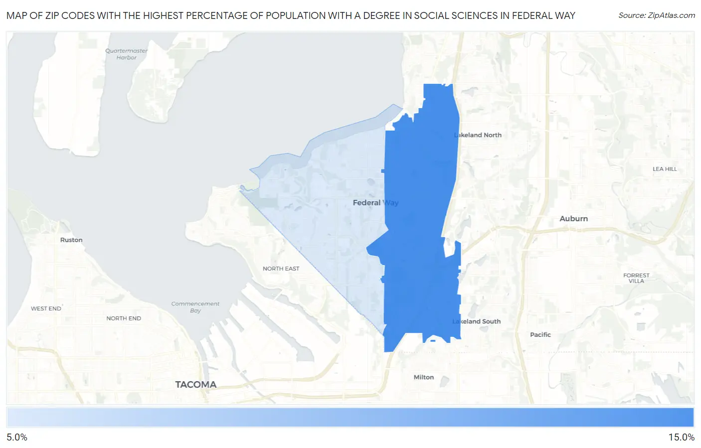 Zip Codes with the Highest Percentage of Population with a Degree in Social Sciences in Federal Way Map