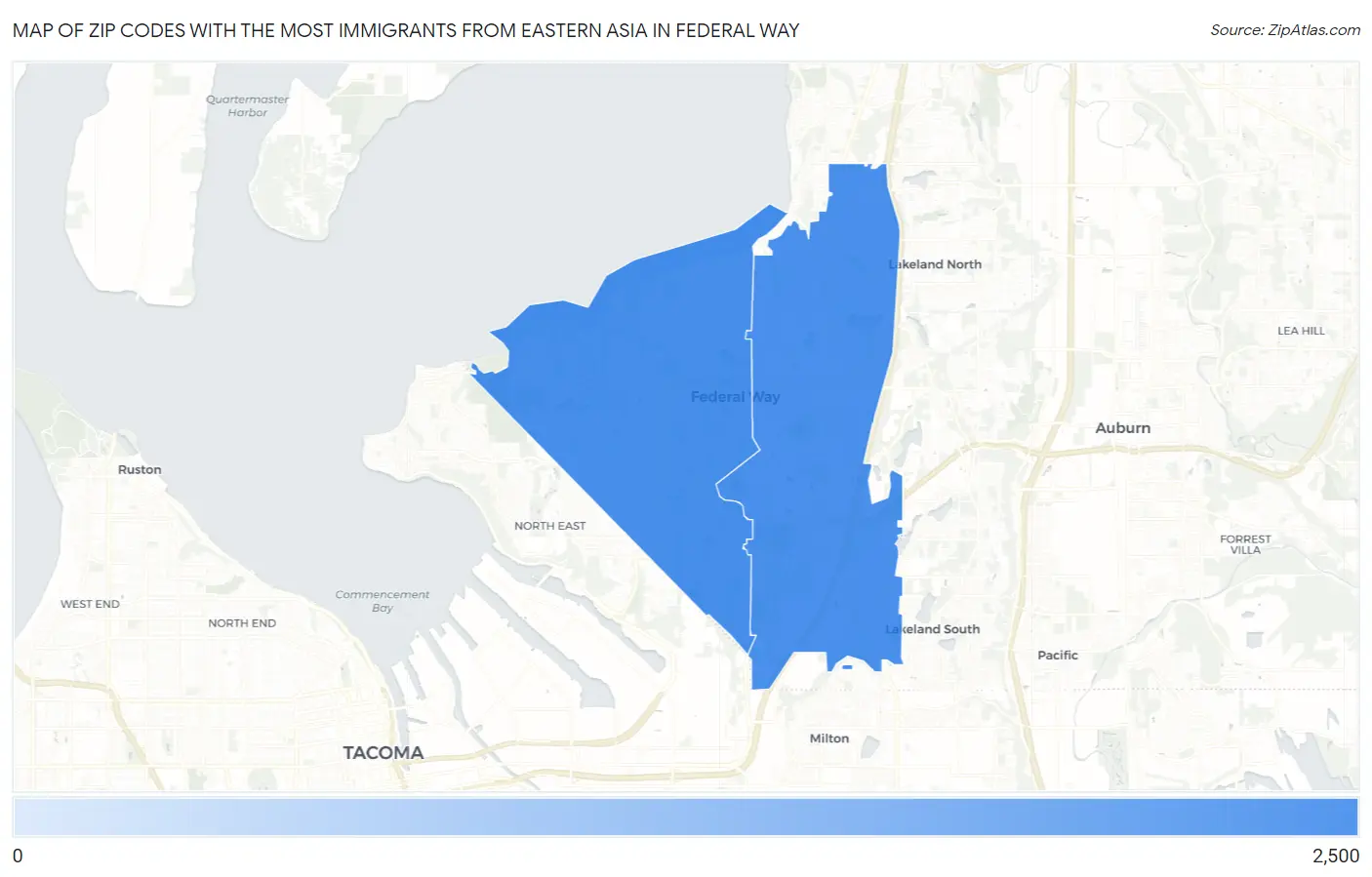 Zip Codes with the Most Immigrants from Eastern Asia in Federal Way Map