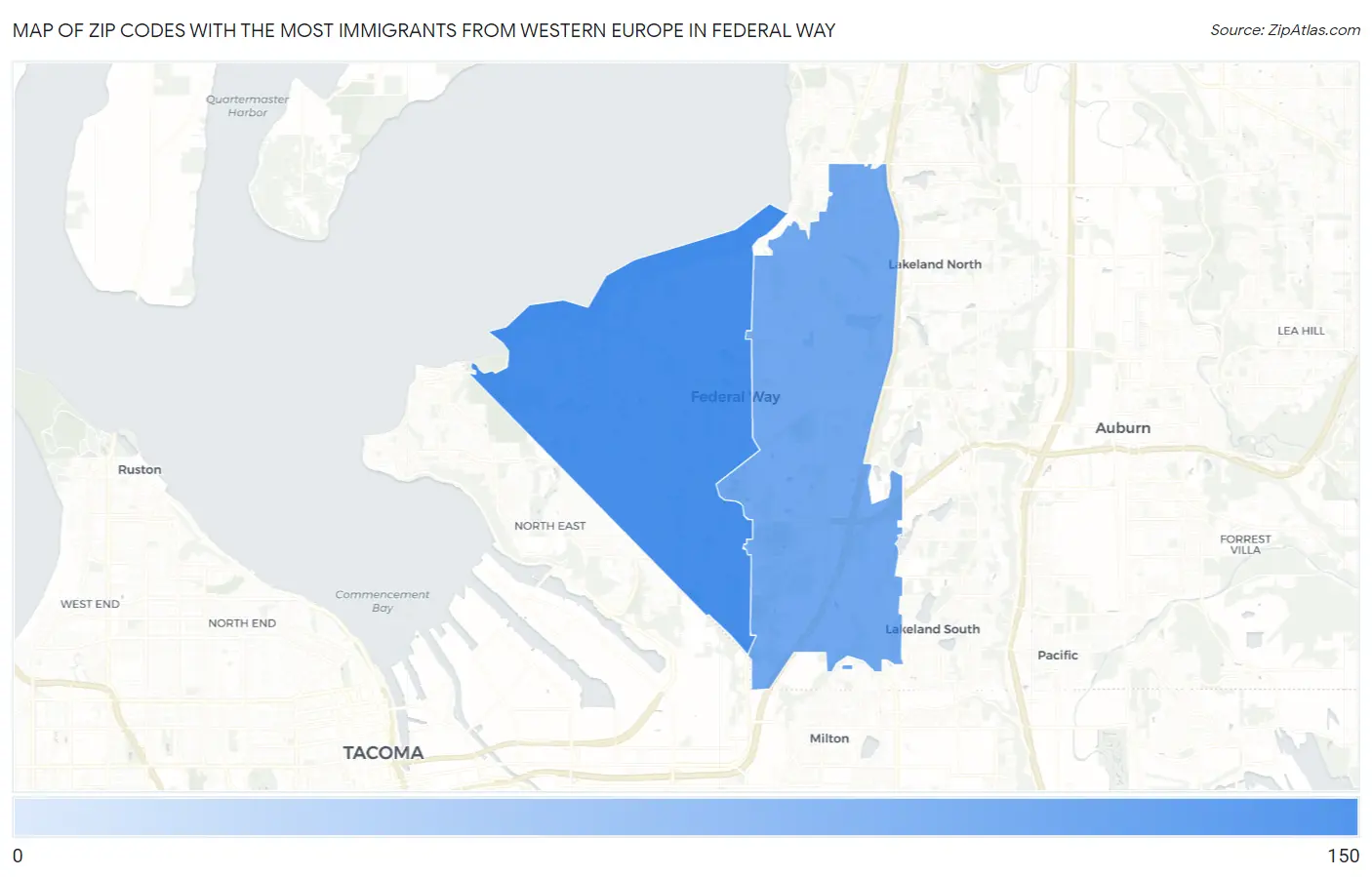 Zip Codes with the Most Immigrants from Western Europe in Federal Way Map