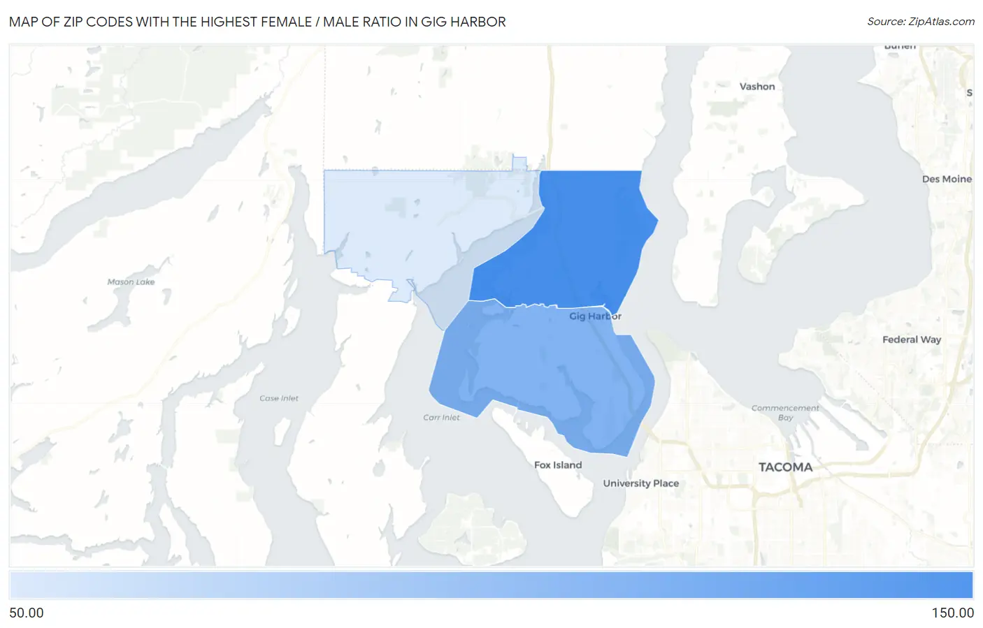 Zip Codes with the Highest Female / Male Ratio in Gig Harbor Map