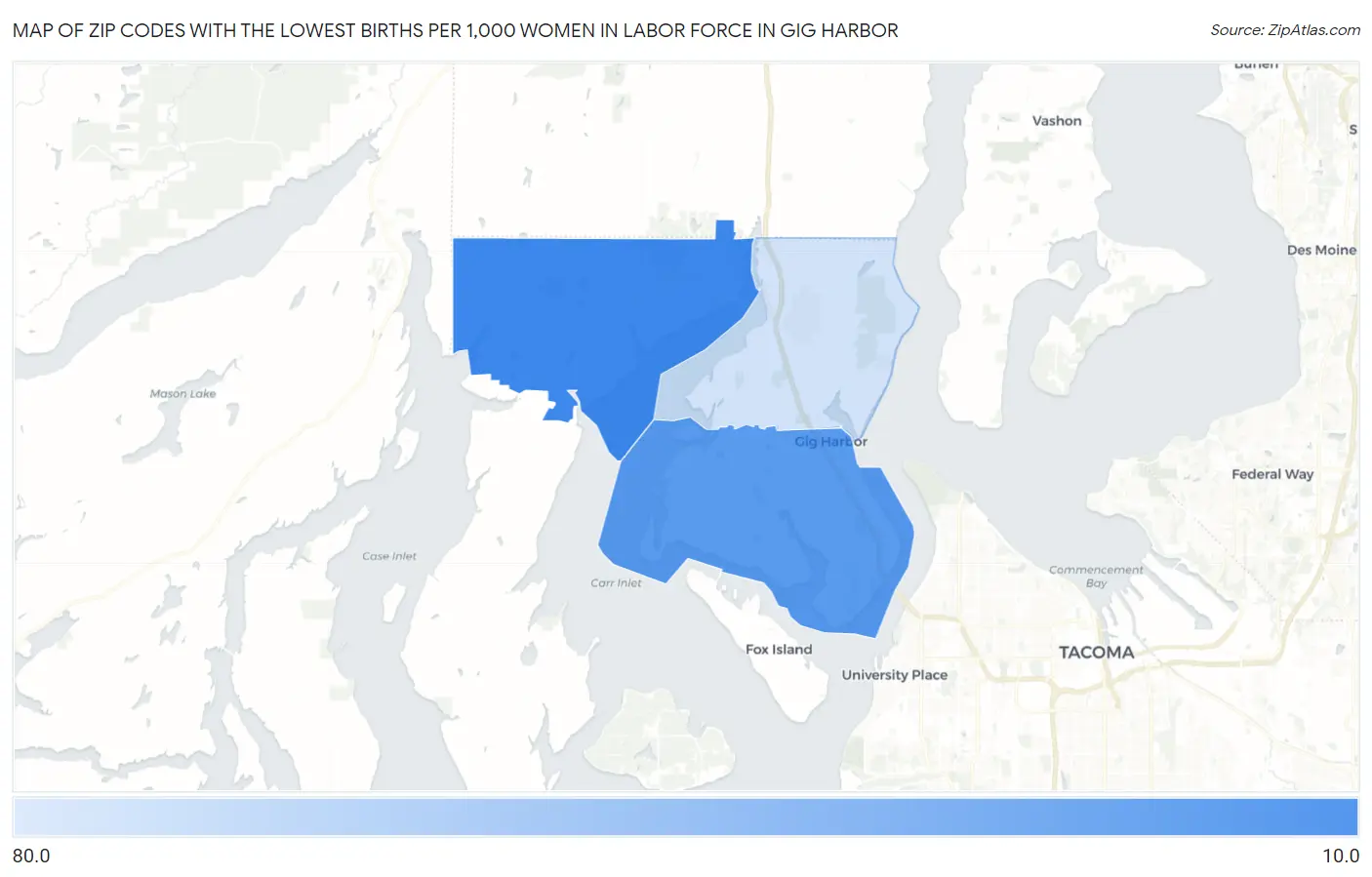 Zip Codes with the Lowest Births per 1,000 Women in Labor Force in Gig Harbor Map