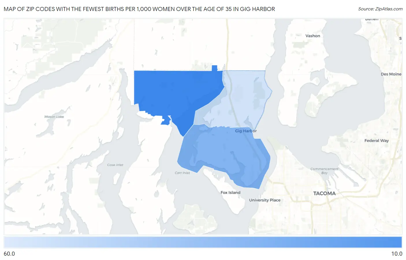 Zip Codes with the Fewest Births per 1,000 Women Over the Age of 35 in Gig Harbor Map