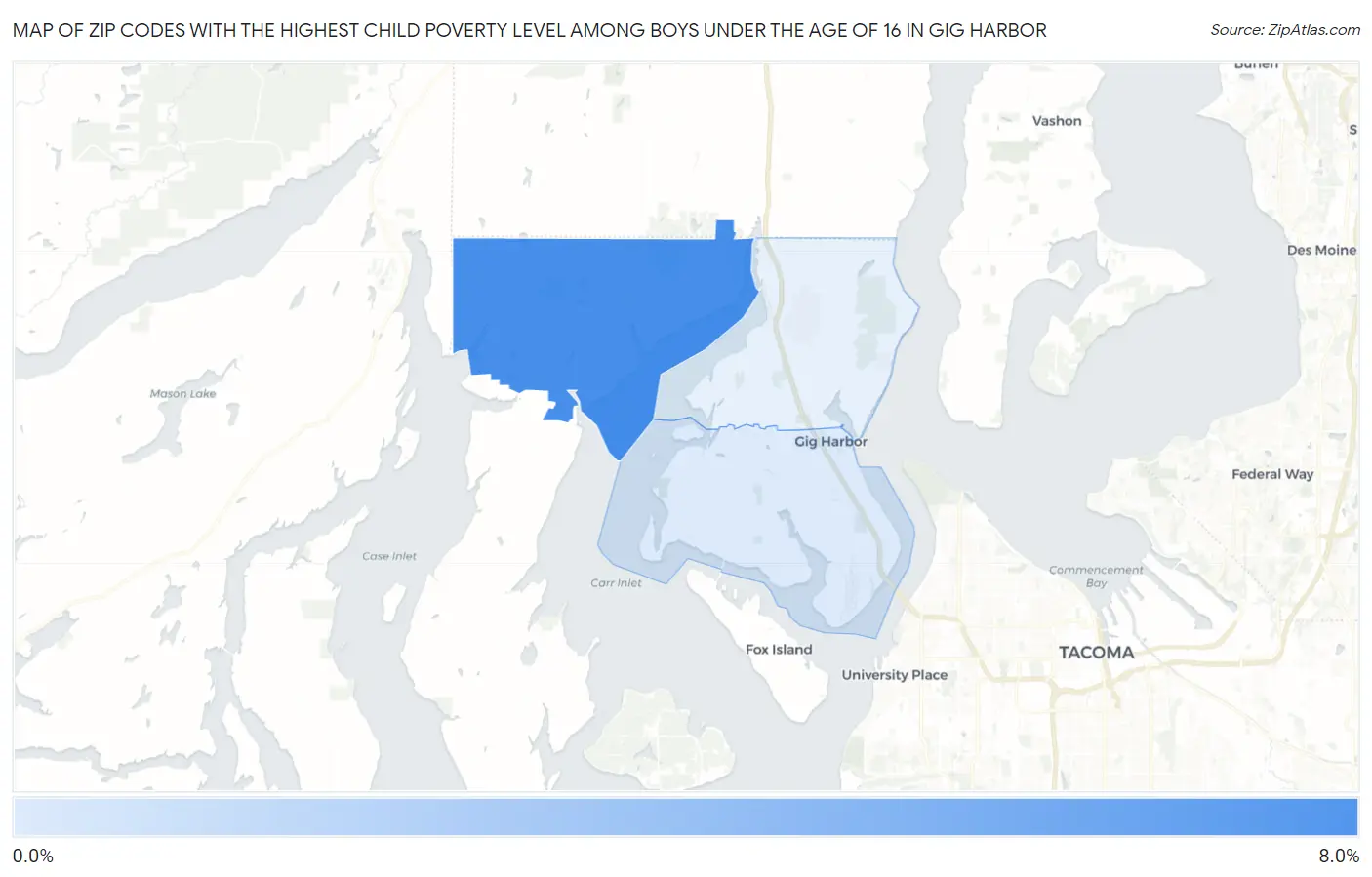 Zip Codes with the Highest Child Poverty Level Among Boys Under the Age of 16 in Gig Harbor Map