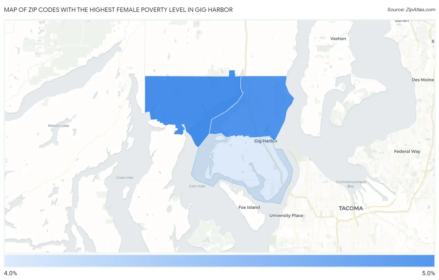 Zip Codes with the Highest Female Poverty Level in Gig Harbor Map