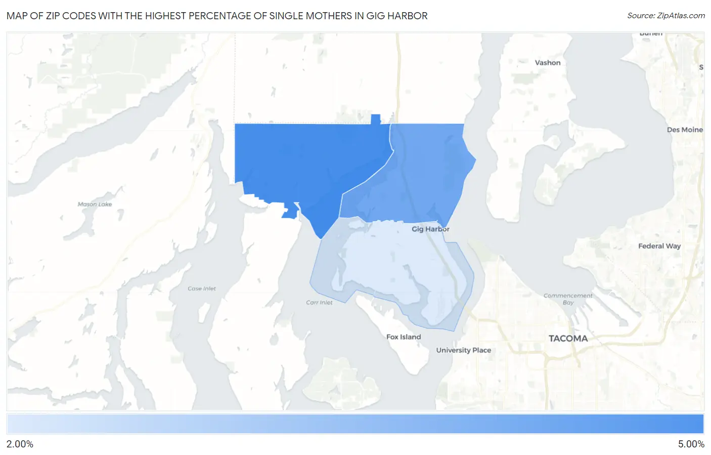 Zip Codes with the Highest Percentage of Single Mothers in Gig Harbor Map