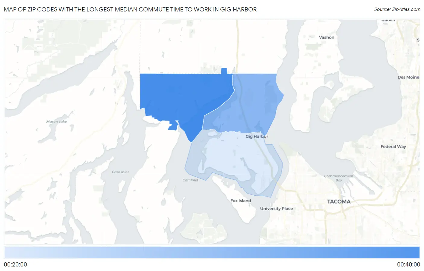 Zip Codes with the Longest Median Commute Time to Work in Gig Harbor Map