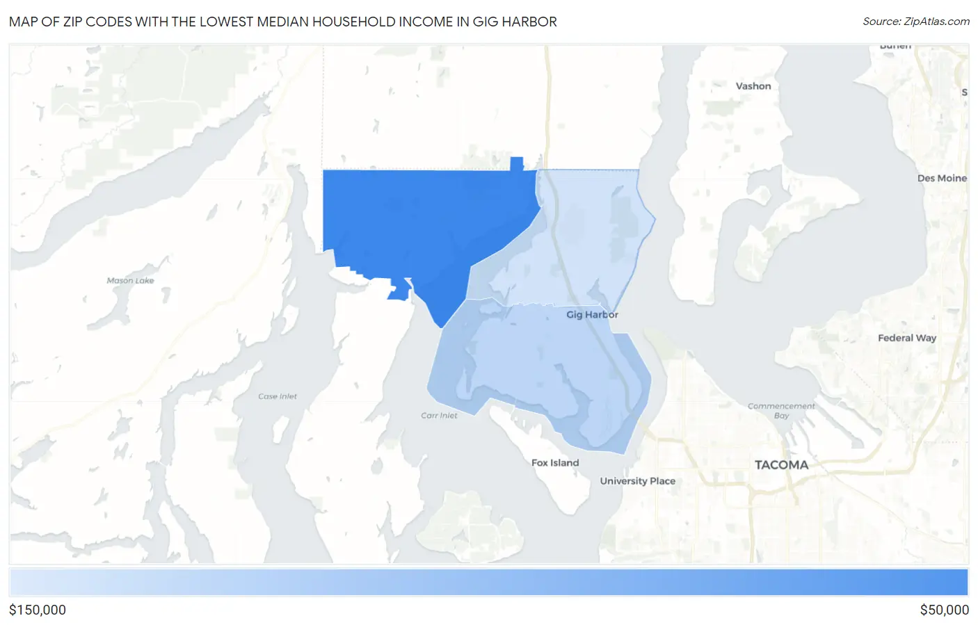 Zip Codes with the Lowest Median Household Income in Gig Harbor Map