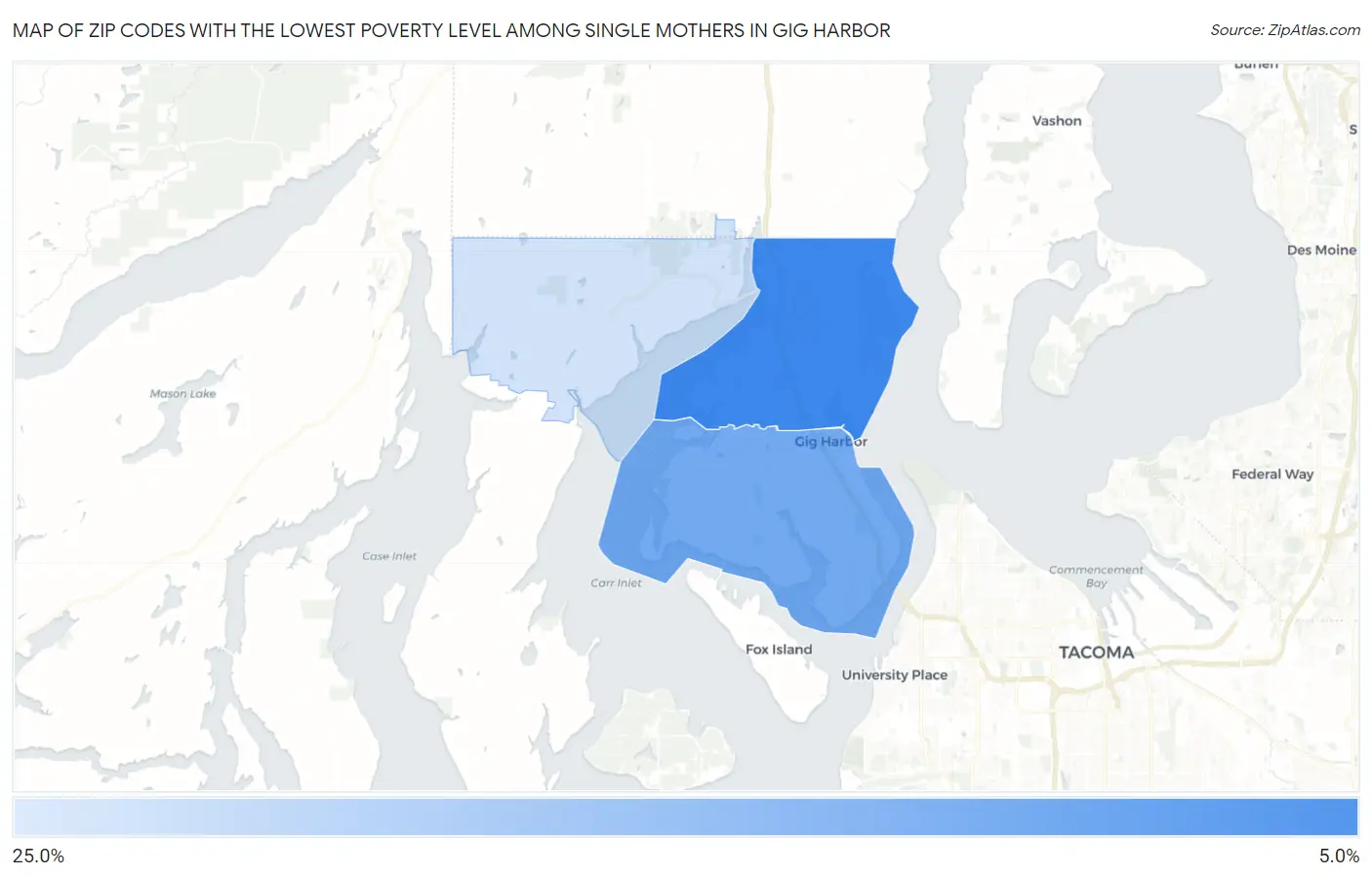 Zip Codes with the Lowest Poverty Level Among Single Mothers in Gig Harbor Map