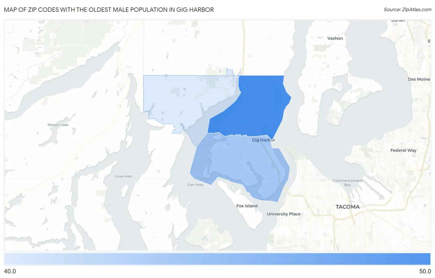 Zip Codes with the Oldest Male Population in Gig Harbor Map