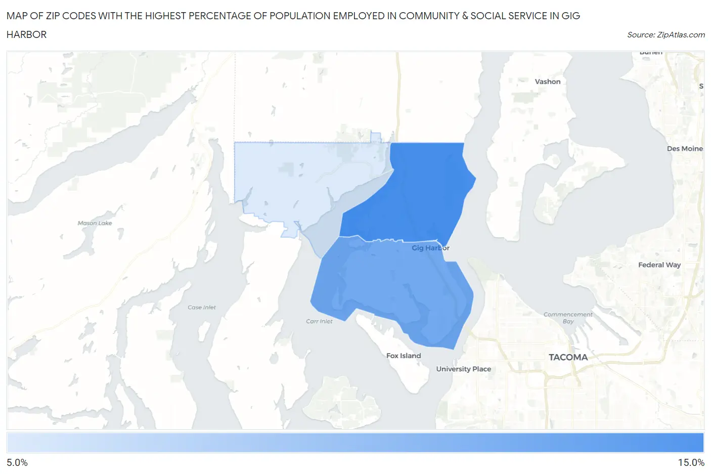 Zip Codes with the Highest Percentage of Population Employed in Community & Social Service  in Gig Harbor Map