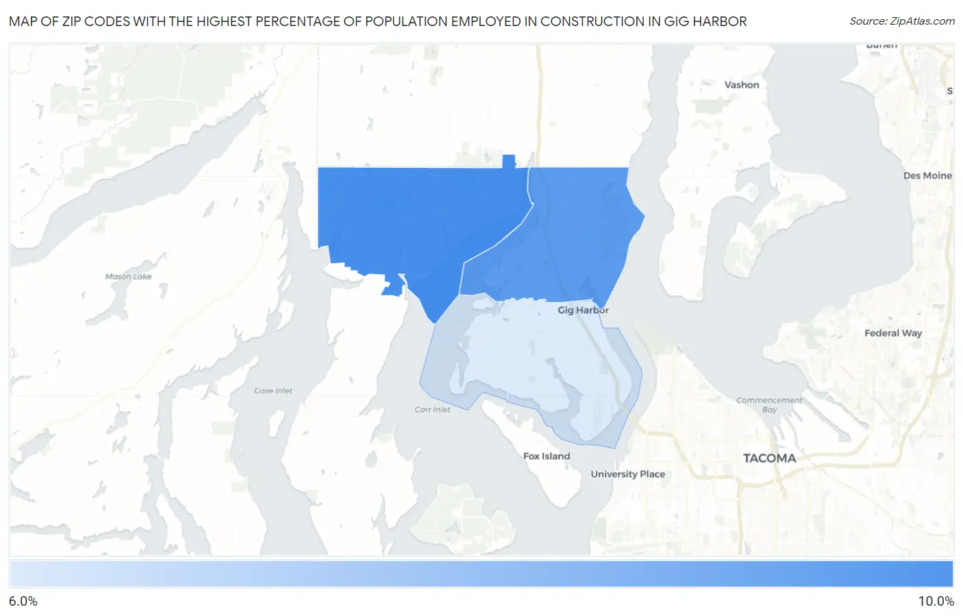 Zip Codes with the Highest Percentage of Population Employed in Construction in Gig Harbor Map