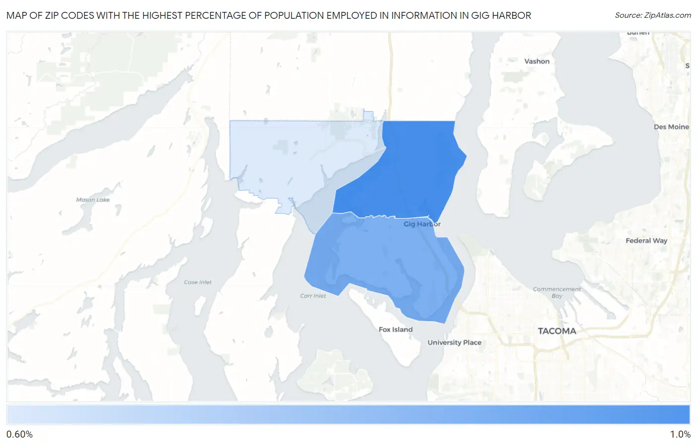 Zip Codes with the Highest Percentage of Population Employed in Information in Gig Harbor Map
