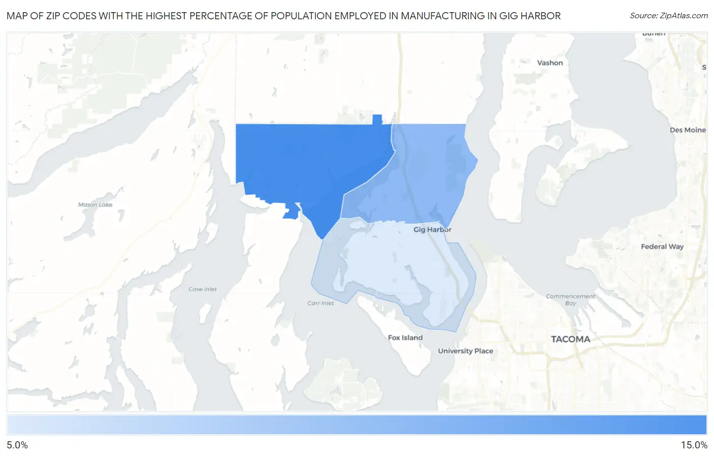 Zip Codes with the Highest Percentage of Population Employed in Manufacturing in Gig Harbor Map