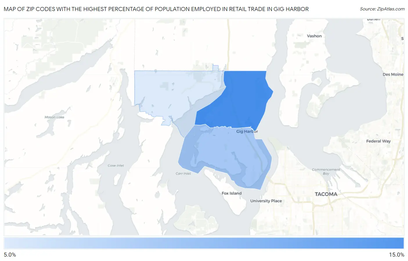 Zip Codes with the Highest Percentage of Population Employed in Retail Trade in Gig Harbor Map