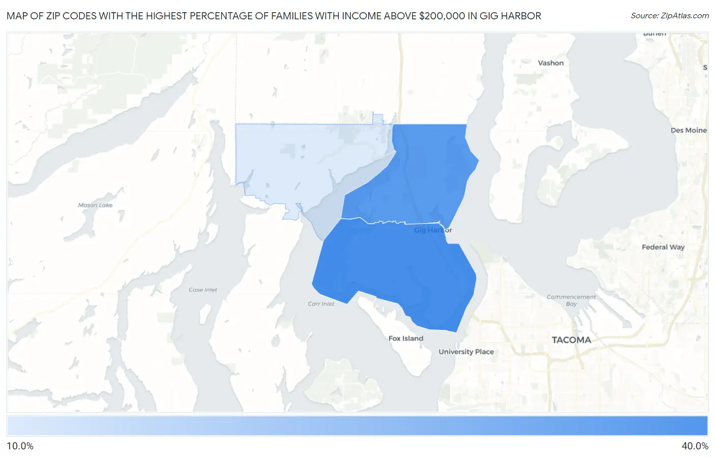 Zip Codes with the Highest Percentage of Families with Income Above $200,000 in Gig Harbor Map