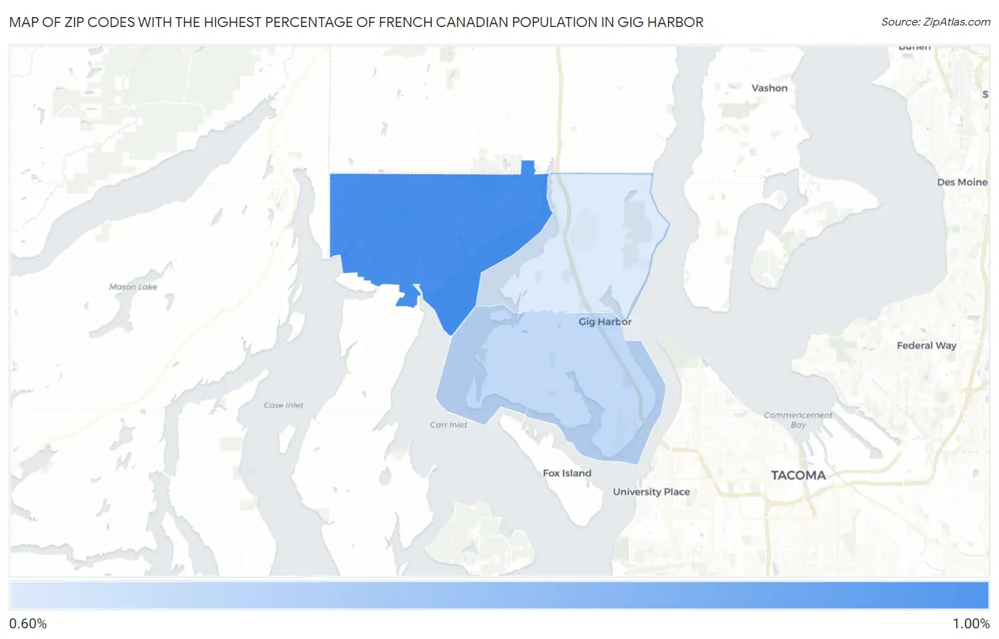 Zip Codes with the Highest Percentage of French Canadian Population in Gig Harbor Map