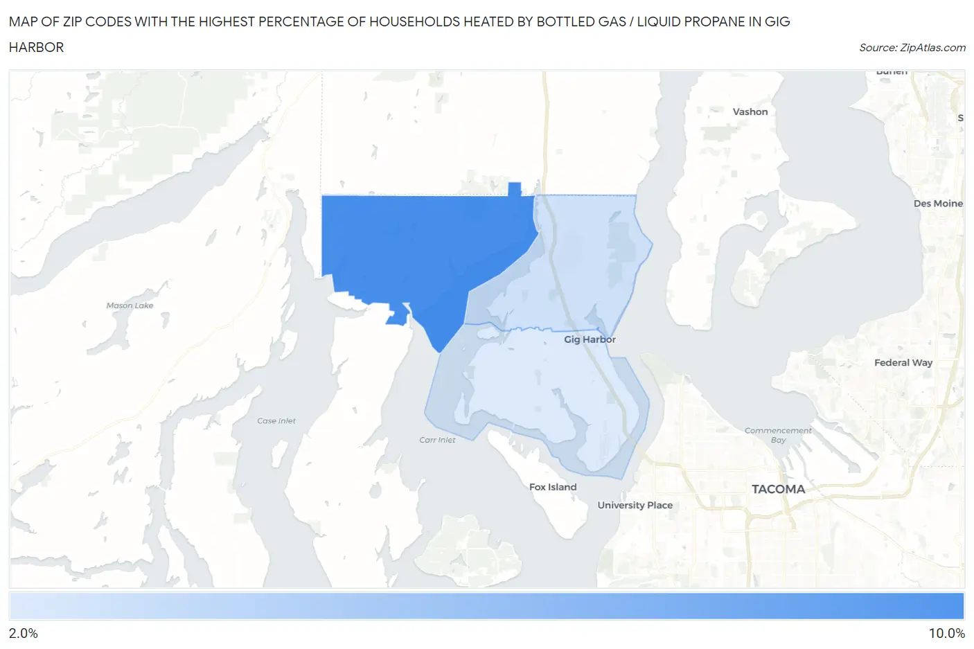 Zip Codes with the Highest Percentage of Households Heated by Bottled Gas / Liquid Propane in Gig Harbor Map