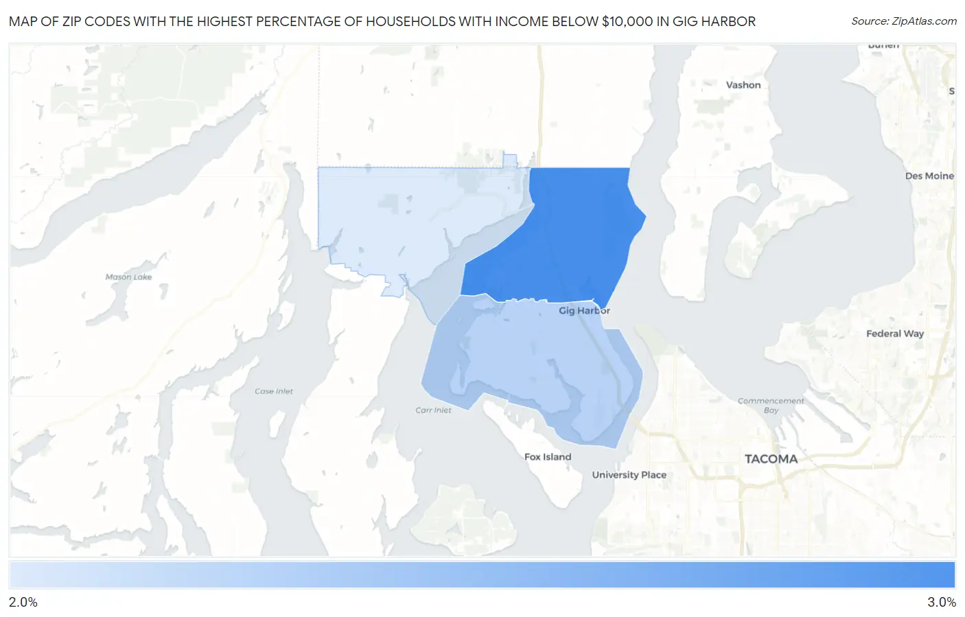 Zip Codes with the Highest Percentage of Households with Income Below $10,000 in Gig Harbor Map