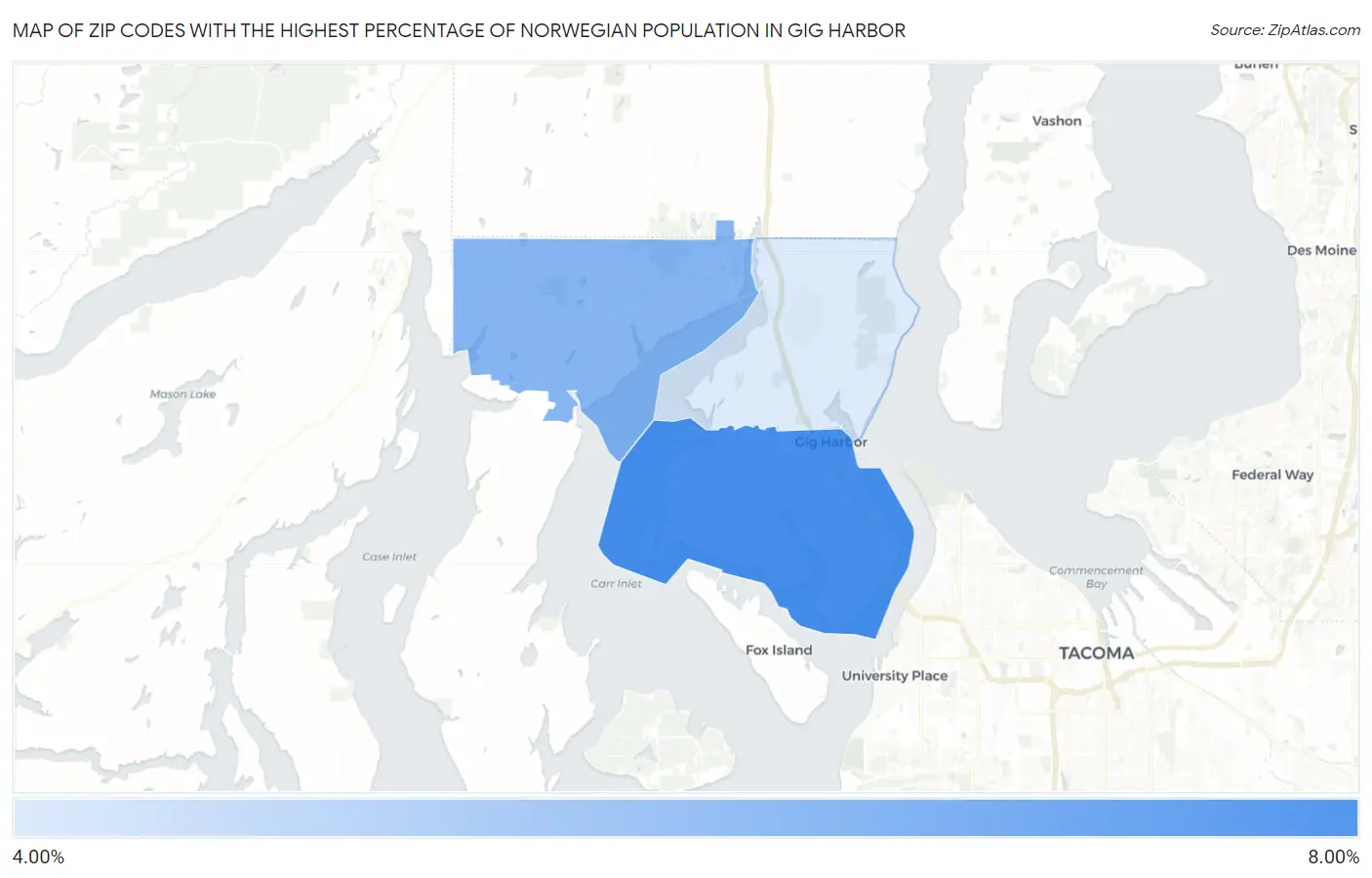 Zip Codes with the Highest Percentage of Norwegian Population in Gig Harbor Map