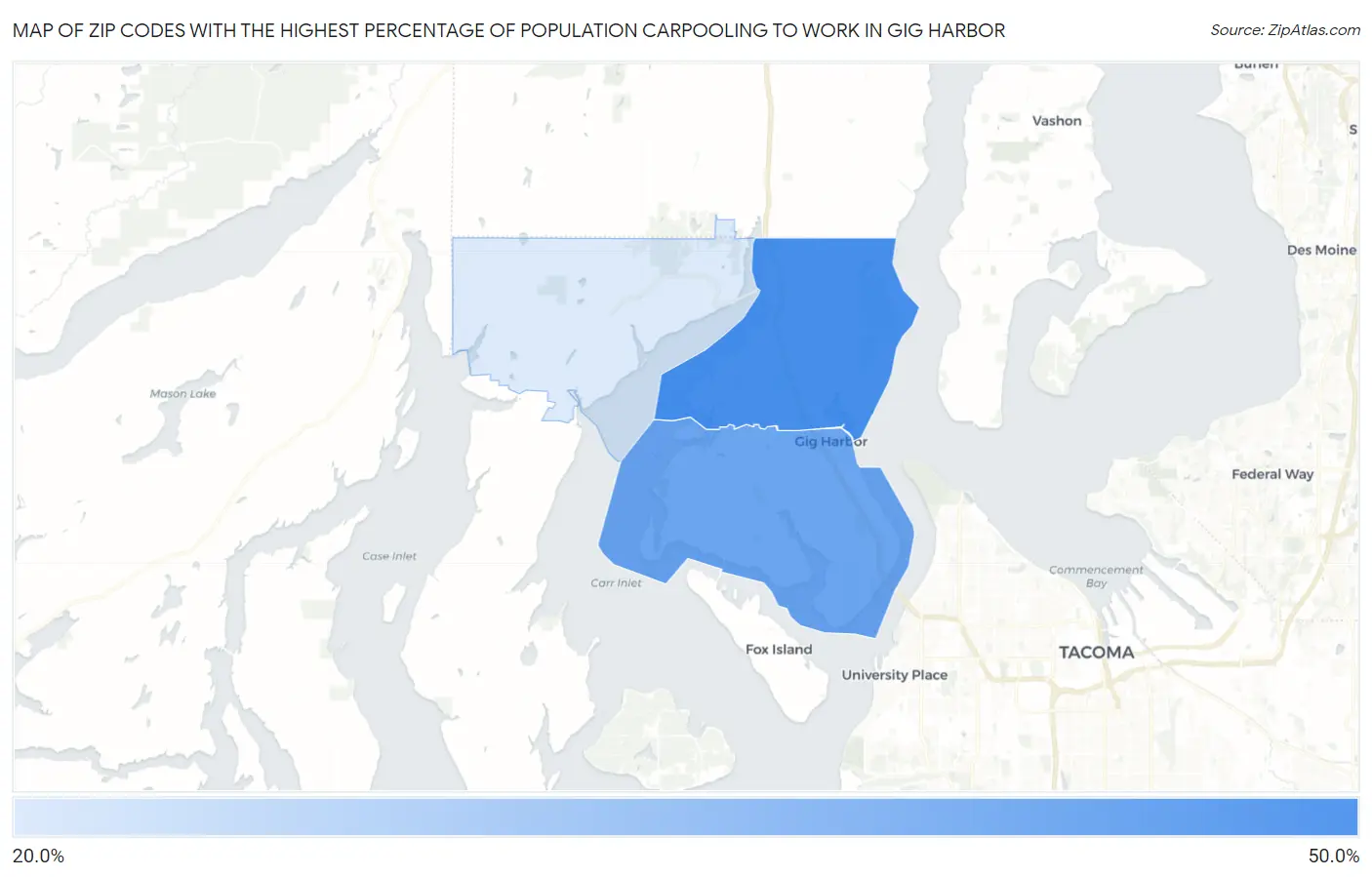 Zip Codes with the Highest Percentage of Population Carpooling to Work in Gig Harbor Map