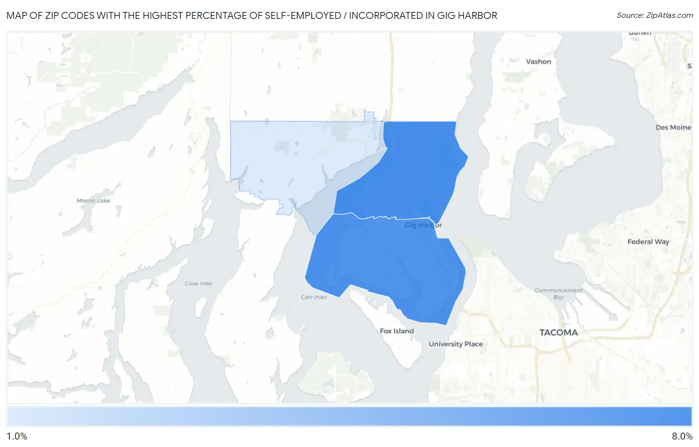 Zip Codes with the Highest Percentage of Self-Employed / Incorporated in Gig Harbor Map