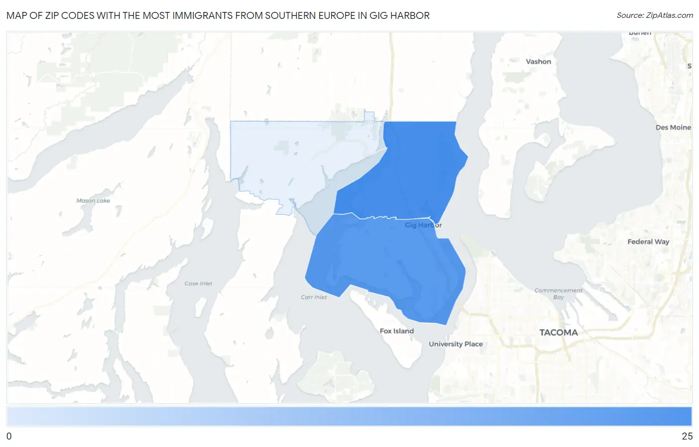 Zip Codes with the Most Immigrants from Southern Europe in Gig Harbor Map