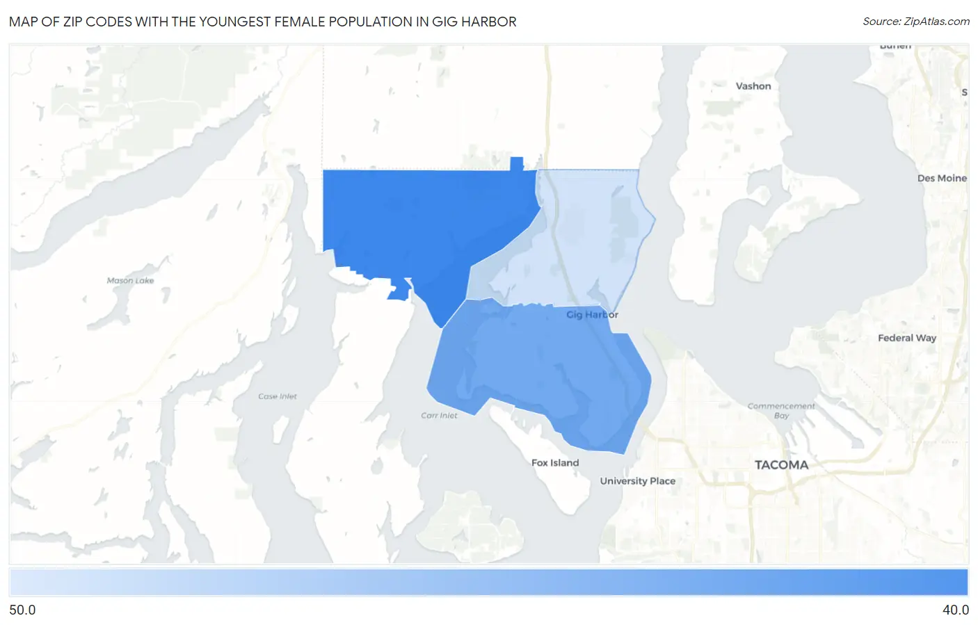 Zip Codes with the Youngest Female Population in Gig Harbor Map
