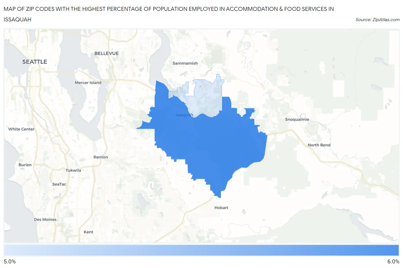 Zip Codes with the Highest Percentage of Population Employed in Accommodation & Food Services in Issaquah Map